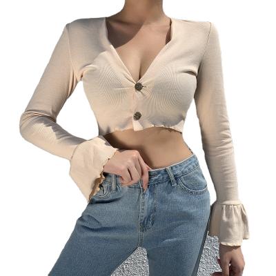 China anti-wrinkle fashion v-neck flare sleeve crop top sexy stylish ladies knitted sweater single breasted cardigan for sale