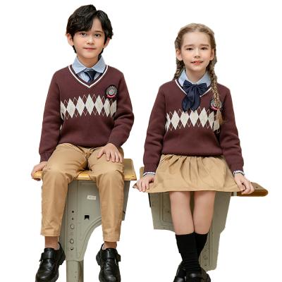 China Custom Made Anti-Wrinkle England Style Sweater 100% Cotton Long Sleeve V-Neck School Uniform Pullover Sweater for sale