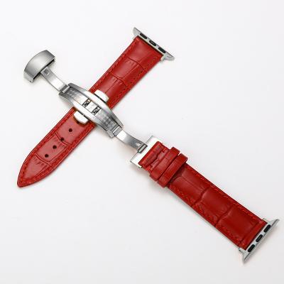 China Business Leather Style Buckle Butterfly Genuine Leather Watch Band Strap For Apple Watch Series 6 Se 5 4 3 Smart Watch for sale