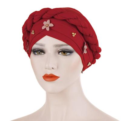 China 2022 European and American Style Wholesale Custom Logo Muslim Turban Autumn Solid Bandanas India Hat Braided Sew Flower Head Wrap Scarf for Women for sale