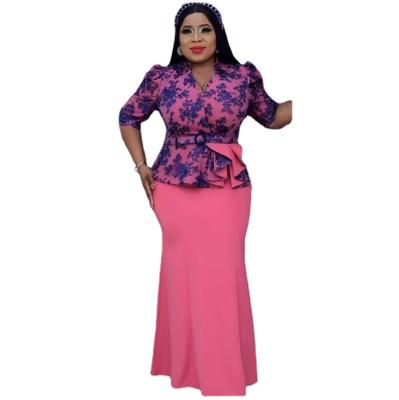 China High Quality Elegant African Office Viable Long Skirt Floral Print V-Neckline Floral Print Pungent Skirt Two Piece Plus Size Women's Dresses for sale