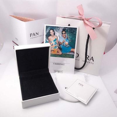 China Wooden White Packing Box Five Piece Suit For Pandora Jewelry Box With Hand Held Paper Bag, Velvet Cloth Bag, Silver Cloth for sale