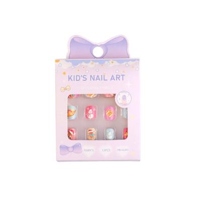 China Easy Apply RTS Kids Nail Sticker Girl Wearing Nail Self Adhesive Cartoon Cute Princess False Nail With Fancy Wrap Box for sale