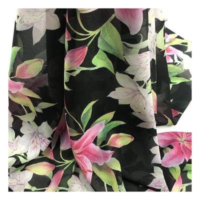 China Organic Factory Outlet Polyester Lily Pattern 100D Chiffon Custom Fabric Digital Printing 100% Chiffon For Garments for sale