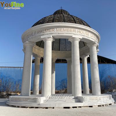 China Modern Outdoor Natural Marble Gazebo White Marble Gazebo with Iron Roof for Garden Decor for sale