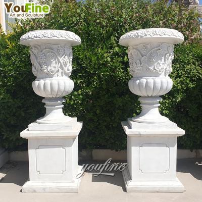 China Modern Hand Carved Simple Outdoor Yard Garden Large White Marble Flower Pot Vases for sale