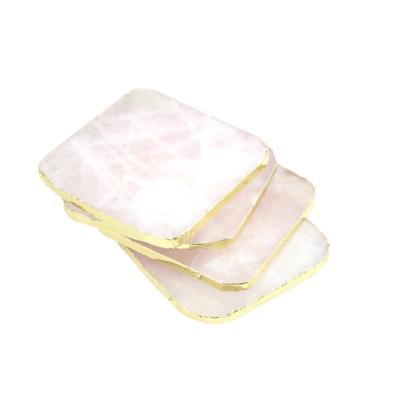 China Square Rose Quartz Coasters Set, Europe Gold Slice Quartz Crystal Stone Coasters Drinkware for sale