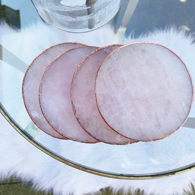 China Quartz Crystal Stone Coasters from Europe Rose Quartz Round Slice Gold Large for sale