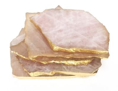 China Europe Square Rose Quartz Coaster Natural Pink Crystal Gold Edge Coasters Nearly Shape Barware Mat Stone Teacup for sale