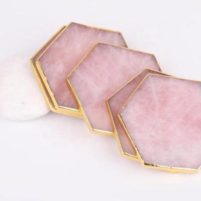 China Hand Crafted Europe Rose Quartz Crystal Coaster Teacup Mat With Gold Plated , Hexagon Shape Crystal Stone Slab Slice for sale