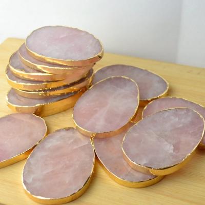 China Natural Gold Rim Edge Plated Europe Rose Quartz Slices Stone Slab for Wedding Name Cards Place Cards Table Number for sale