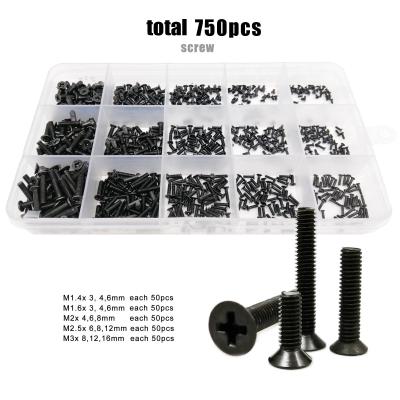 China Phillips Flat Countersunk Head 750pcs/box Black Mix M1.4 M1.6 M2 M2.5 M3 Sizes Assortment Kit Set Small Micro Cross Phillips Flat Countersunk Head Bolt Screw for sale