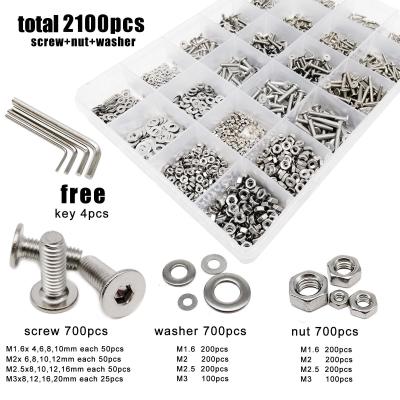 China 2100pcs M1.6 m2 M2.5 M3 304 Flat Stainless Steel Nut Gasket Assortment Ultra Thin Wafer Hexagon Hex Socket Kit Bolt Screw for sale