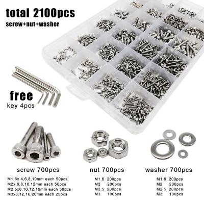 China 2100pcs/box M1.6 M2 M2.5 M3 A2-70 304 Head Socket Cap Stainless Steel Bolt Nut Gasket Set Assortment Allen Hexagon Hex Socket Cap Screws spell for sale