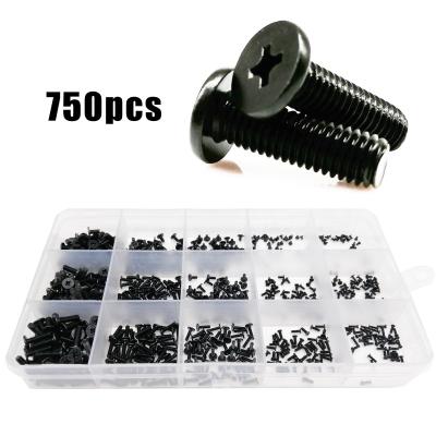 China 750pcs/box Flat Black Steel Micro M1.2 M1.4 M1.6 M2 M3 Small Cross Phillips Ultra Thin Flat Wafer Head Screw Bolt Assortment Kit for sale