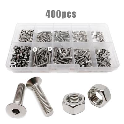 China Total 400x/box M2 M3 304 Stainless Steel Flat Countersunk Nut Bolt Set Flat Black Socket Kit Box Allen Hexagon Flat Countersunk Head Screw for sale