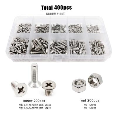 China Flat Box A2-70 M2 M3 304 Stainless Steel Total 400pcs/box Assortment GB819 Set Kit Nut Cross Phillips Flat Countersunk Head Bolt Screw for sale