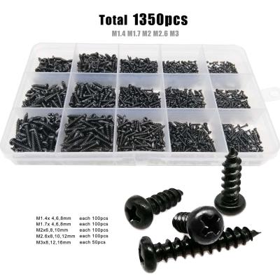 China Black Pan Total 1350pcs/box Mix Sizes M1.4 M1.7 m2 M2.6 M3 Set Kit Mini Micro Cross Pan Phillips Round Head Wood Tapping Screw for sale