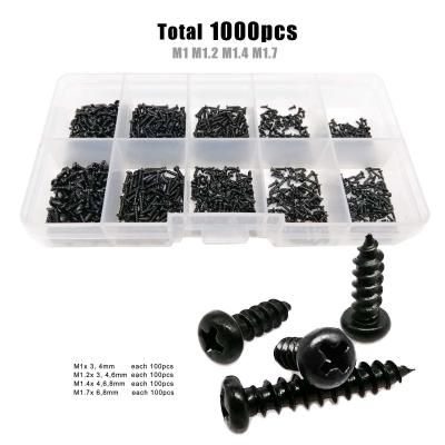 China 1000pcs/box M1 M1.2 M1.4 M1.7 Pan Black Mix Sizes Kit Small Mini Micro Cross Pan Phillips Round Head Wood Self Set Tapping Screw for sale