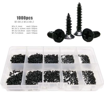 China Total 1000pcs/box M1 M1.2 M1.4 M1.7 Black Set Kit Small Mini Micro Cross Phillips Flat Countersunk Head Wood Flat Self Tapping Screw for sale