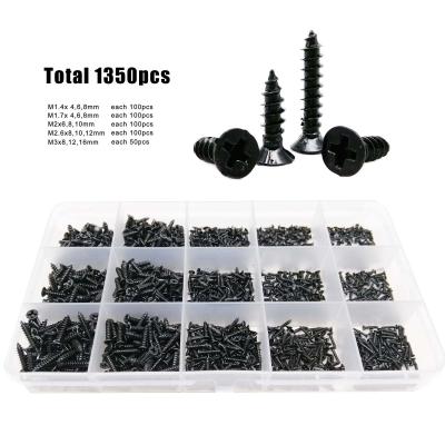 China Total 1350pcs/box M1.4 M1.7 m2 M2.6 M3 Flat Countersunk Kit Box Mini Micro Cross Phillips Flat Countersunk Head Self Tapping Black Wood Screw for sale