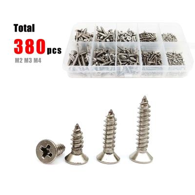 China Box Stainless Steel A2 M2 M3 M4 304 Cross Phillips Flat Countersunk Head Wood Self Tapping Screw Set Total 380pcs/kit for sale