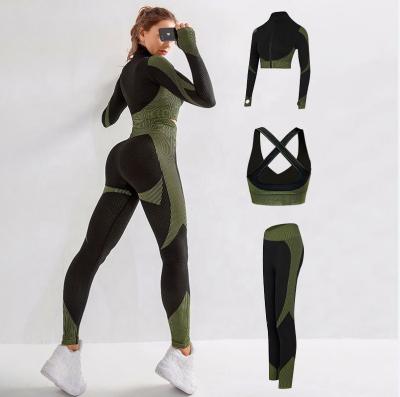 China Drop Shipping Women Breathable 3 Piece Crop Top Sports & Gaiters Bra Workout Apparel 3 Piece Seamless Yoga Set With Zipper for sale