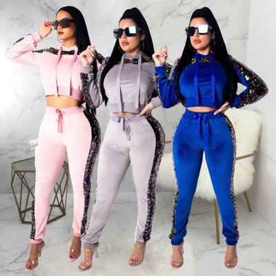 China wholesale 9126 Anti-wrinkle velvet sequin tracksuit two pieces of velvet top sweatsuit women hoodies 2019 crop set for sale