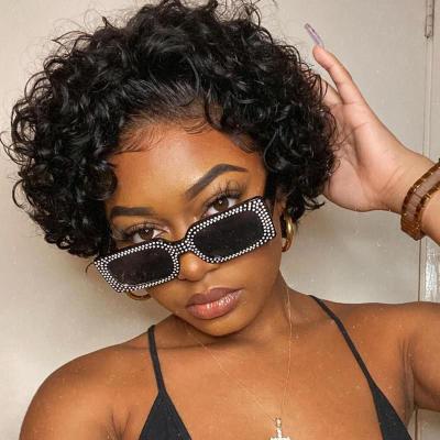 China Water Wave Pixie Cut Wig Human Hair Bob Short Pixie Cut Lace Silky Curly Wig Bleached Knots Lace Up 13x4 Frontal Pixie Wig With Baby Hair for sale