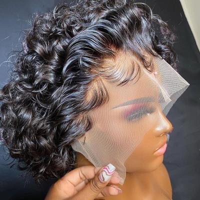 China Silky Harmonious Virgin Water Wave 100% Brazilian Short Beautiful Bob Wigs Style Blonde Pixie Short Curly Lace Front Water Wave Wig T1b/27 13*4 for sale