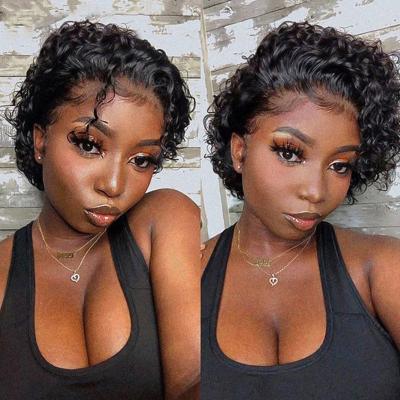 China Water Wave Pixie Cut Wig Human Hair Bob Short Pixie Cut Lace Silky Curly Wig Bleached Knots Lace Up 13x1 Frontal Pixie Wig With Baby Hair for sale