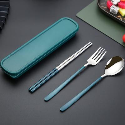 China Korean Reusable Golden Travel Camping Spoon Fork Chopsticks Stainless Steel Portable Cutlery Set Metal Viable With Wheat Crate for sale