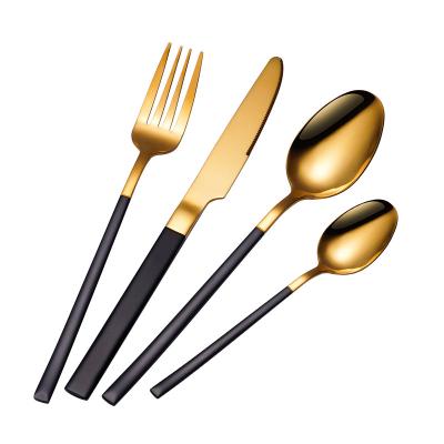 China Wholesale Hot Sale Viable Luxury Wedding Stainless Steel Silverware Amazon Gold Handle Knife Fork Spoon Spoon Black Flatware Set for sale