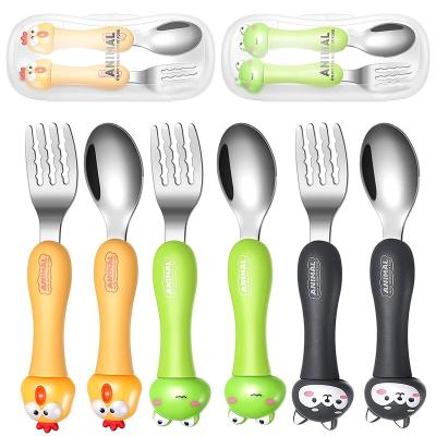 China Wholesale Viable Handle Plastic Flatware Stainless Steel Outdoor School Eating Cute Kids Spoon Fork Child Safe Cutlery Set With Box for sale