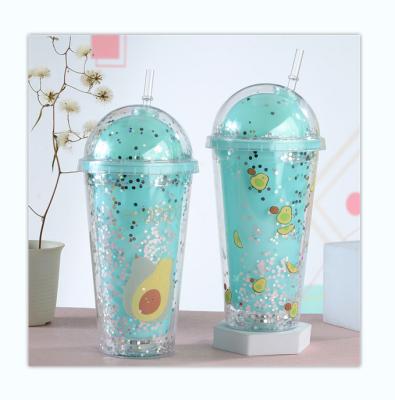 China Double Layer Viable High Quality Cup Clear Printing Avocado Plastic Cup With Straw Cup for sale