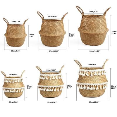 China Viable Wholesale Handmade Woven Straw Woven Basket Plant Pot Rattan Plant Plankton Storage Belly Basket Organizer with Handles for sale