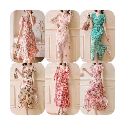 China 2022 Anti-wrinkle Floral Print Square Collar Dresses New Summer Ruffle Sleeve Slit Midi Women's Slim Chiffon Dress for sale