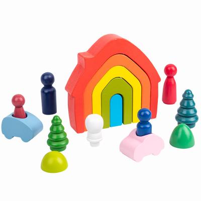 China Eco-Friendly Wooden Combination Children's Block House Building Rainbow Assembly Early Education Toys for sale