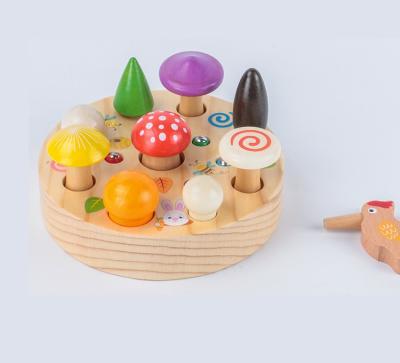 China Eco-Friendly Mushroom Caught Worms Games Magnetic Baby Early Education Concentration Training Wooden Toy for sale