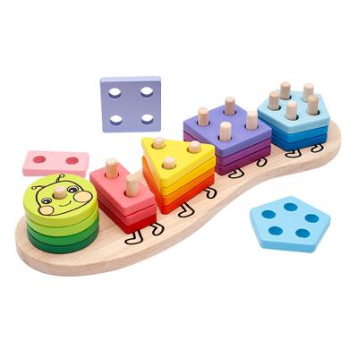 China Kids Eco-friendly Wooden Silkworm Geometric Shape Matching Five Columns Childhood Education Cognitive Puzzle Building Blocks Teach Aid for sale