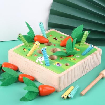 China Eco-Friendly Baby Pulling Radish Carrot Bugs Catching Game Children Grabbing Sensory Building Blocks Fishing Wooden Toys for sale