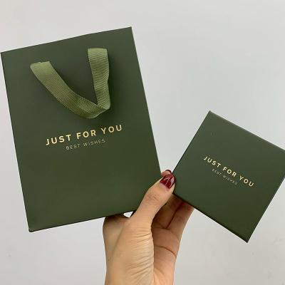 China Lucky Handmade Hot Sale! ! Custom Logo Color Dark Green Jewelry Box with Ribbon Earrings Ring Jewelry Packaging Elegant Paper Gift Box for sale