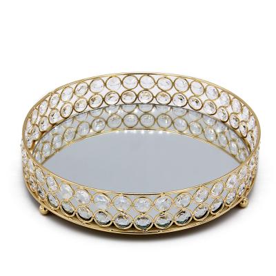 China Luxury Round Home Decor Wedding Metal Glass Mirror Makeup Jewelry Display Tray for sale