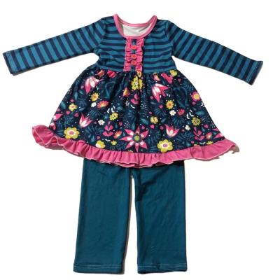 China 2022 Casual Spring And Autumn New Design Factory Girls Stripe Floral Dress Set With Button Dark Color Beautiful Long Sleeve Set for sale