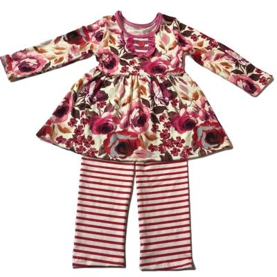 China 2022 Casual Spring And Autumn Hot Sell Factory Girls Stripe Floral Dress Set With Rose Color Beautiful Long Sleeve Outfits for sale