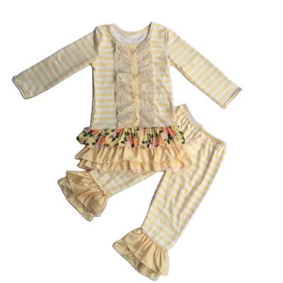 China Casual High Quality Toddler Girls Spring Clothes Set OEM ODM Service Adorable Baby Clothes With Lace Ruffle Spring Striped Set for sale