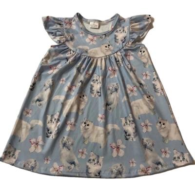 China Factory Washable Smocked Kids Clothing Baby Ruffle Beach Dress Cat Print Children Girls Spring Summer Dresses for sale