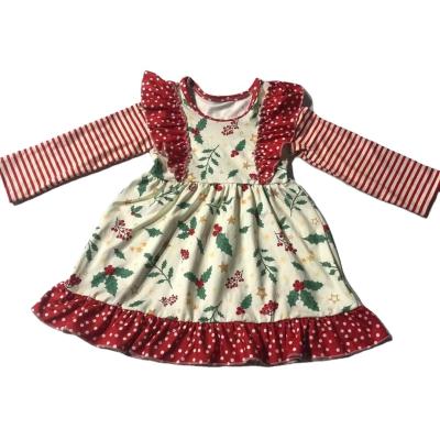 China 2022 New Design Spring Kids Washable Wholesale Round Neck Ruffle Floral With Red Stripe Dot Lovely Dresses For Girls for sale