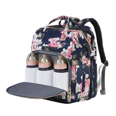 China With USB drop shipping folding bed bag 2021 light weight printed waterproof double shoulder mom diaper bag for sale