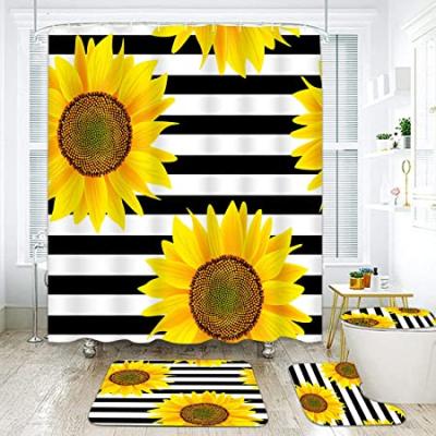 China Non-slip Bath Mat Bathroom Shower Curtain Set of Viable Yellow Sunflower Covers Toilet Lid Cover for sale